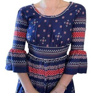 Vintage 1970s Handmade Blue Red Bandana Paisley Boho Hippy Maxi Dress Sz S